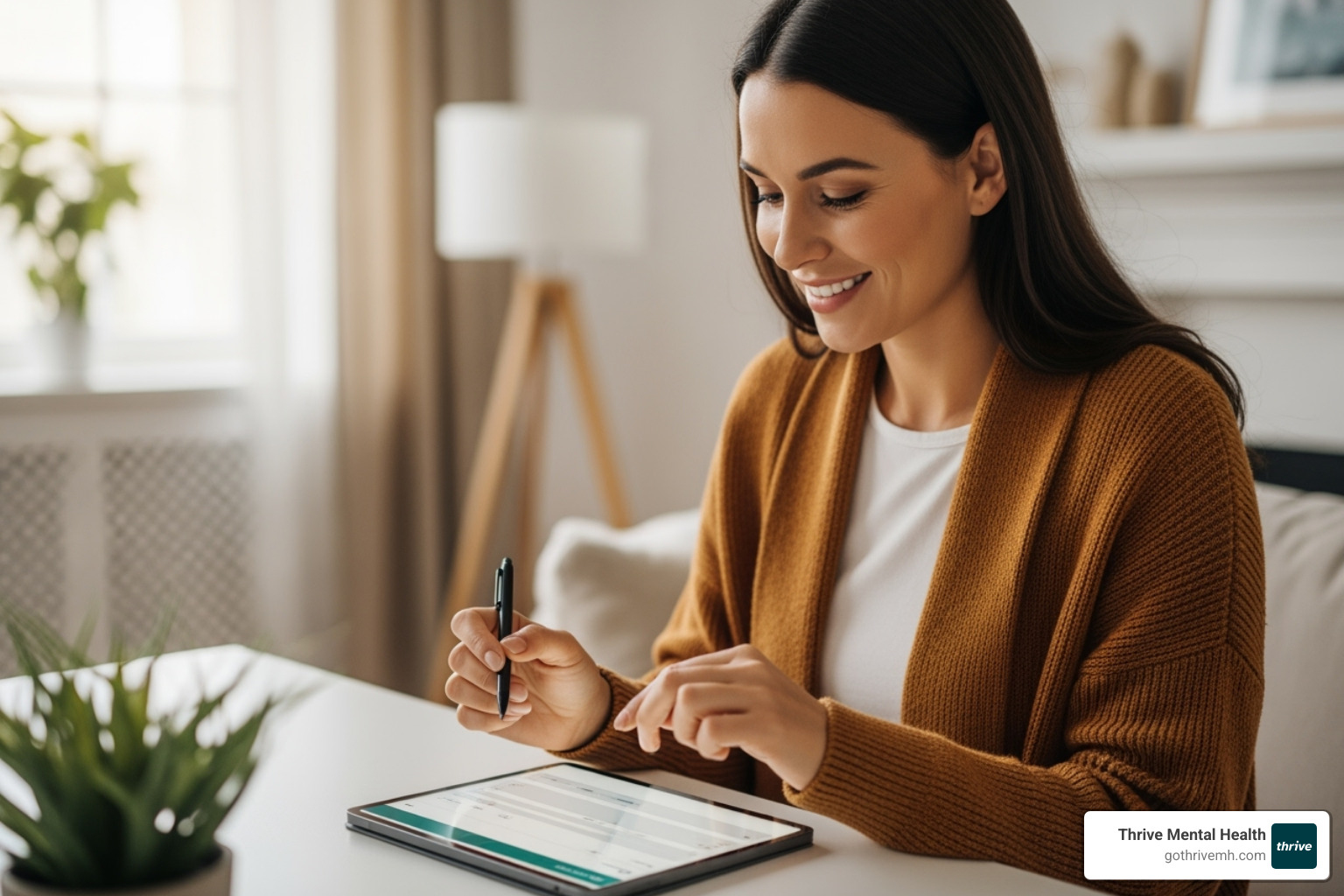 Woman smiling while filling out an online form on her tablet - structured anxiety support online programs