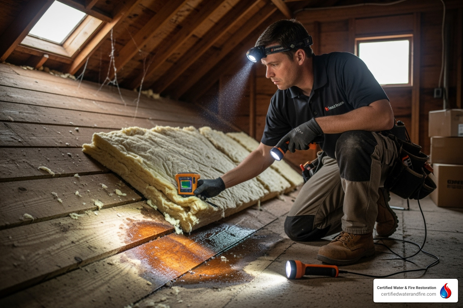contractor inspecting water damaged ceiling with moisture meter - cost of fixing water damaged ceiling