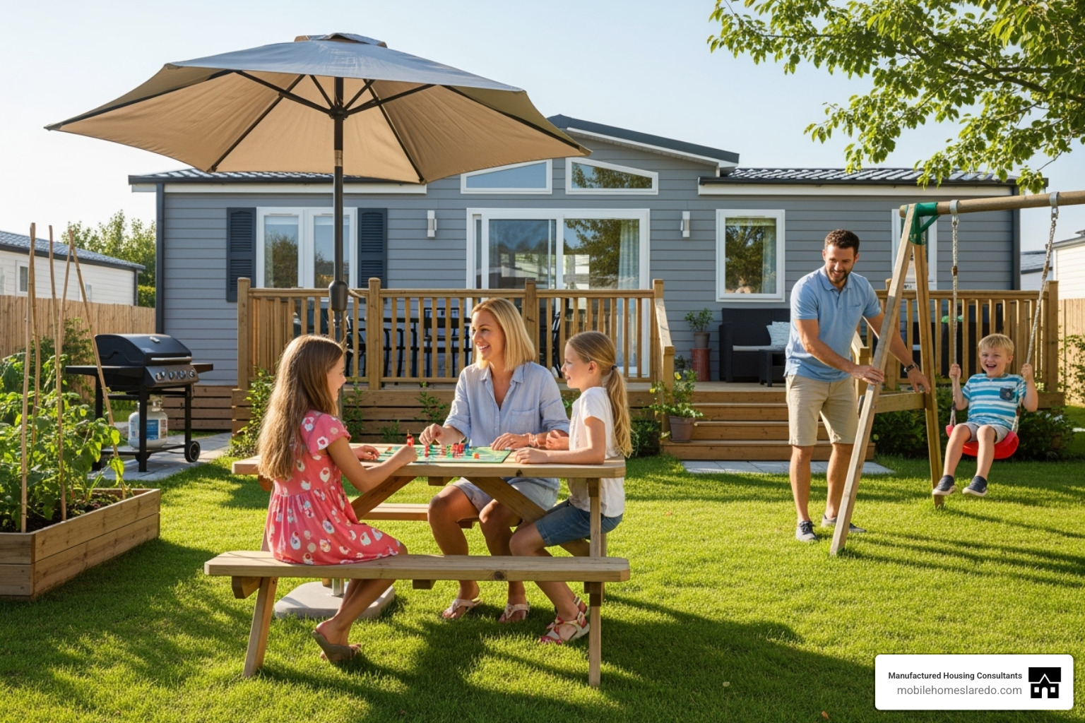family enjoying backyard of manufactured home - affordable manufactured housing