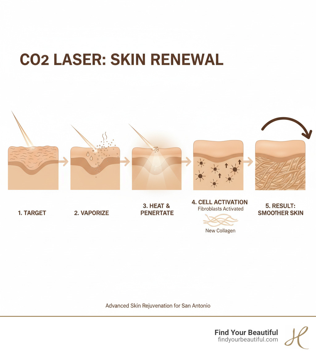 Infographic showing CO2 laser mechanism: laser beam targeting skin surface, vaporizing damaged epidermis layer with water molecules evaporating, heat penetrating into dermis layer below, fibroblast cells being activated, new collagen fibers forming, and final result showing smoother, rejuvenated skin texture - co2 laser san antonio infographic Infographic showing CO2 laser mechanism: laser beam targeting skin surface, vaporizing damaged epidermis layer with water molecules evaporating, heat penetrating into dermis layer below, fibroblast cells being activated, new collagen fibers forming, and final result showing smoother, rejuvenated skin texture - co2 laser san antonio infographic