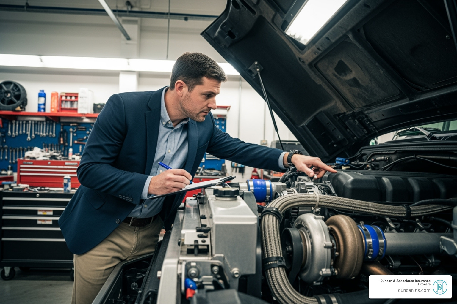 appraiser inspecting a custom truck's engine and modifications - custom truck appraised value insurance diesel conversion