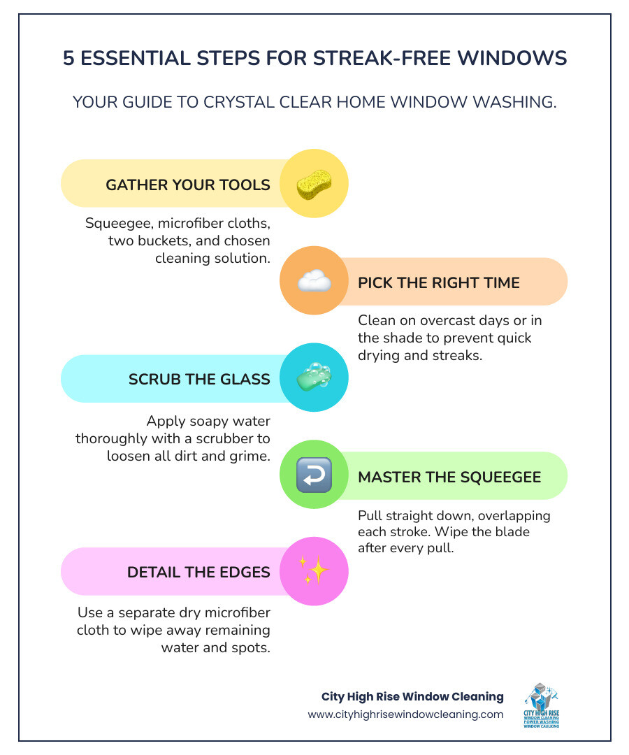 infographic showing 5 steps to streak free windows with icons for tools weather scrubbing squeegee technique and detailing - home window washing infographic infographic-line-5-steps-colors infographic showing 5 steps to streak free windows with icons for tools weather scrubbing squeegee technique and detailing - home window washing infographic infographic-line-5-steps-colors