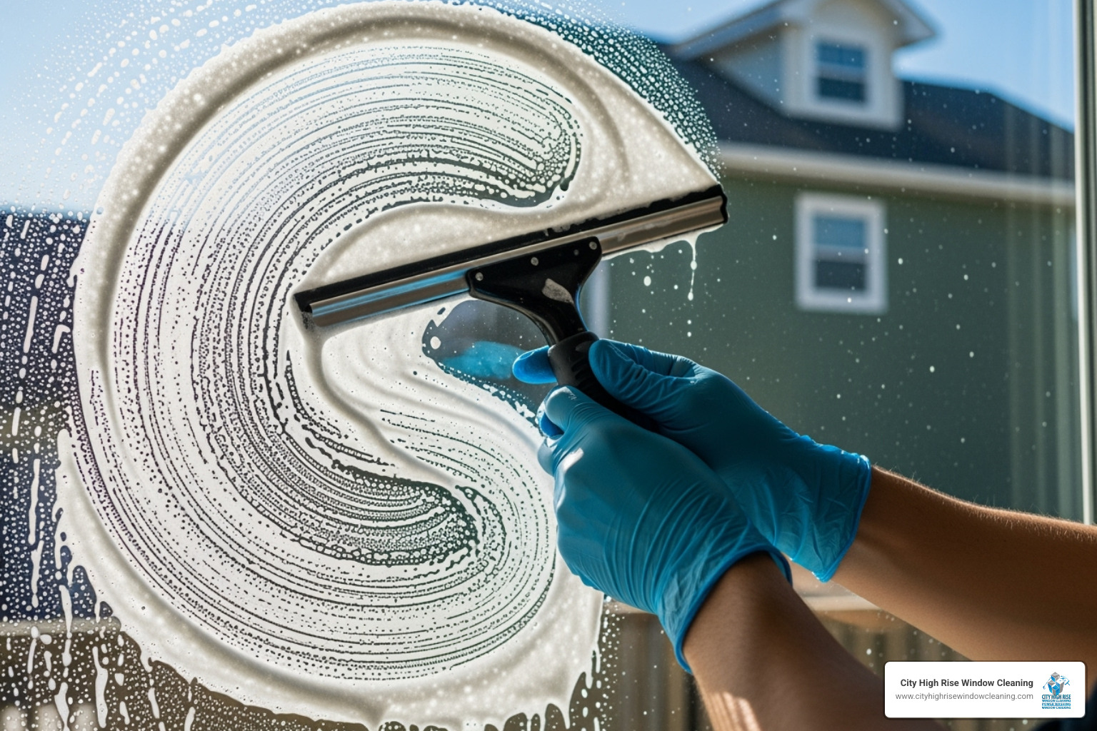 person demonstrating the 'S' method with a squeegee on a soapy window - home window washing person demonstrating the 'S' method with a squeegee on a soapy window - home window washing