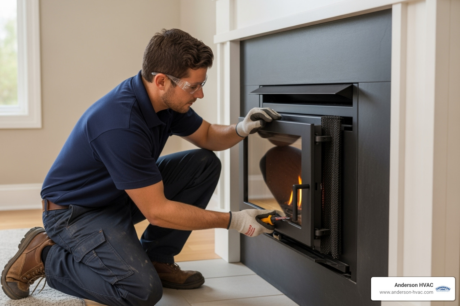 Certified technician safely installing a fireplace insert - fireplaces installation in ogden, ut Certified technician safely installing a fireplace insert - fireplaces installation in ogden, ut