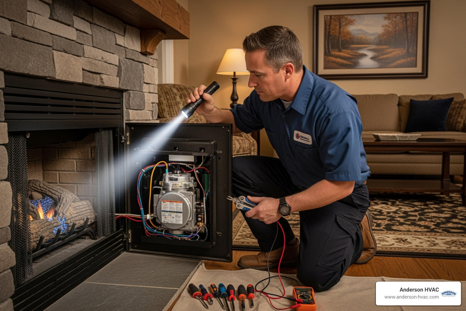 Technician inspecting internal components of a gas fireplace - emergency fireplaces repair in clearfield, ut