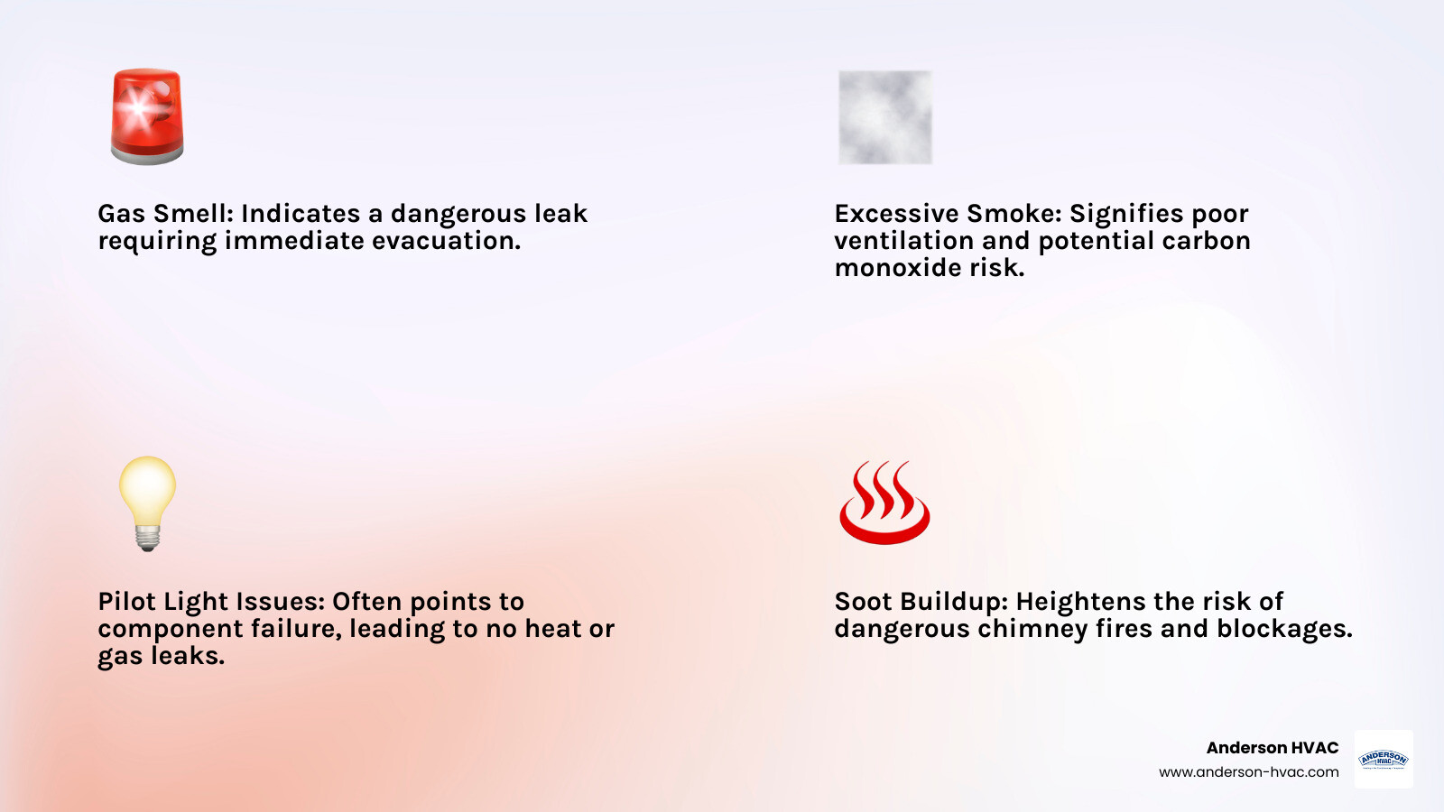 Infographic showing the top 3 signs of a fireplace emergency: a yellow warning symbol with a gas leak icon and text "Gas Smell - Evacuate Immediately", a smoke cloud icon with text "Excessive Smoke - Poor Ventilation", and a flame icon with text "Pilot Light Won't Stay Lit - Component Failure" - emergency fireplaces repair in clearfield, ut infographic 4_facts_emoji_light-gradient