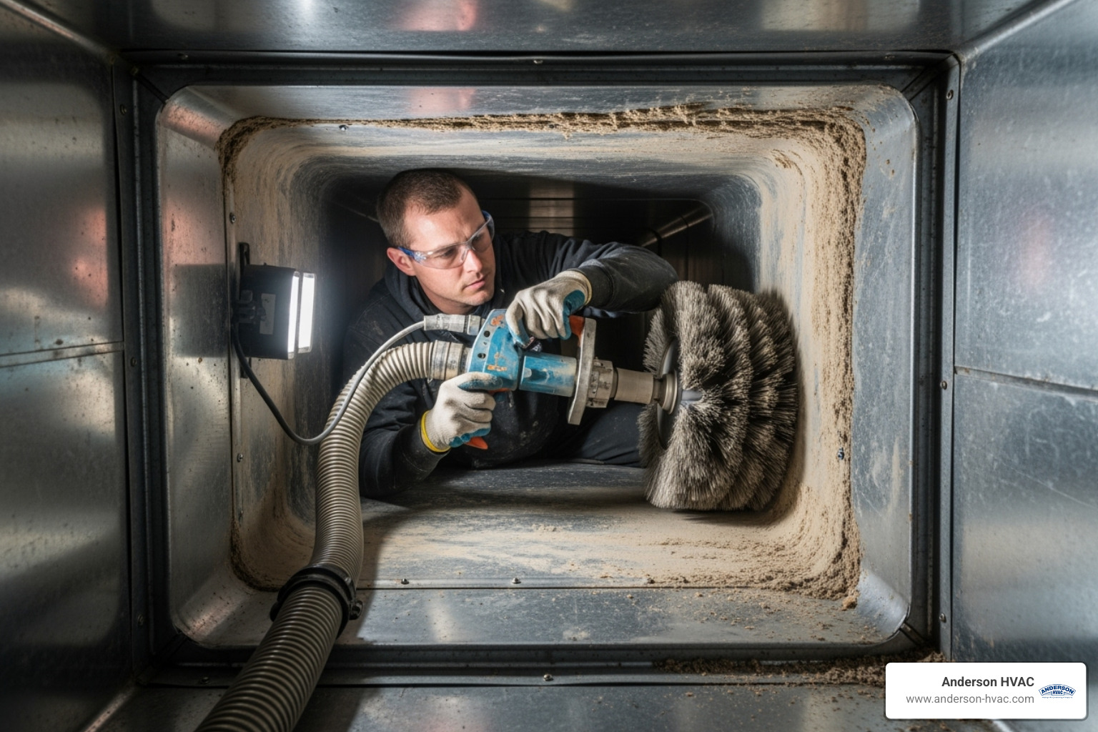 technician using a rotary brush inside a duct - Ventilation system cleaning service technician using a rotary brush inside a duct - Ventilation system cleaning service