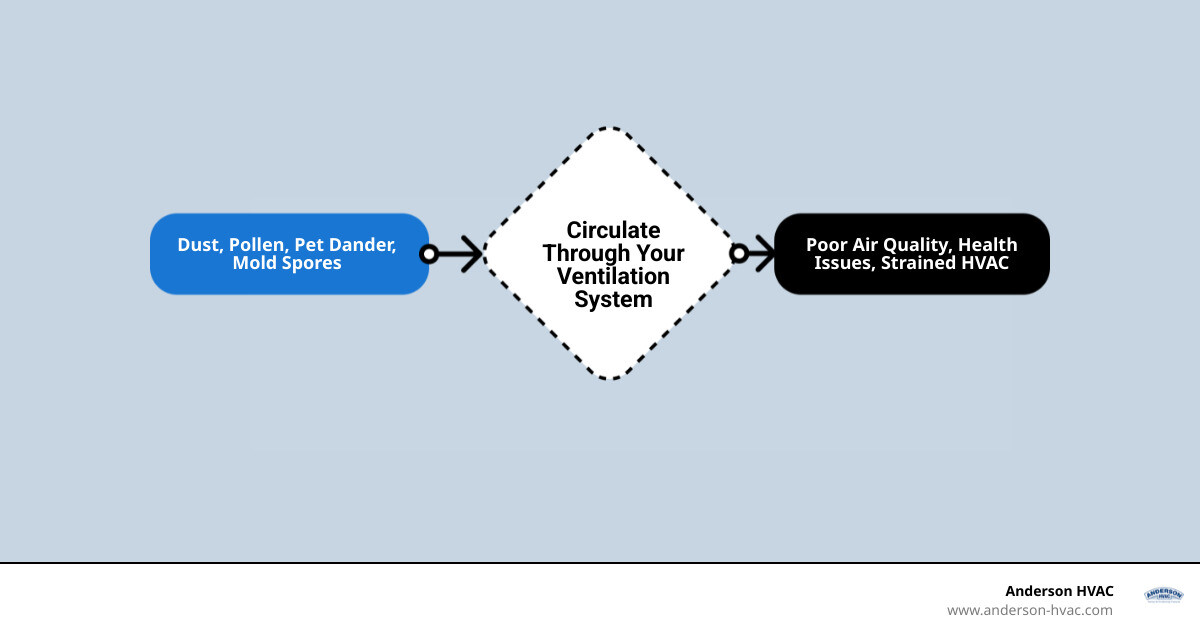 infographic showing how dust, allergens, and debris circulate through a home ventilation system from ducts through vents into living spaces, with callouts for health impacts and system strain - Ventilation system cleaning service infographic flowmap_simple infographic showing how dust, allergens, and debris circulate through a home ventilation system from ducts through vents into living spaces, with callouts for health impacts and system strain - Ventilation system cleaning service infographic flowmap_simple