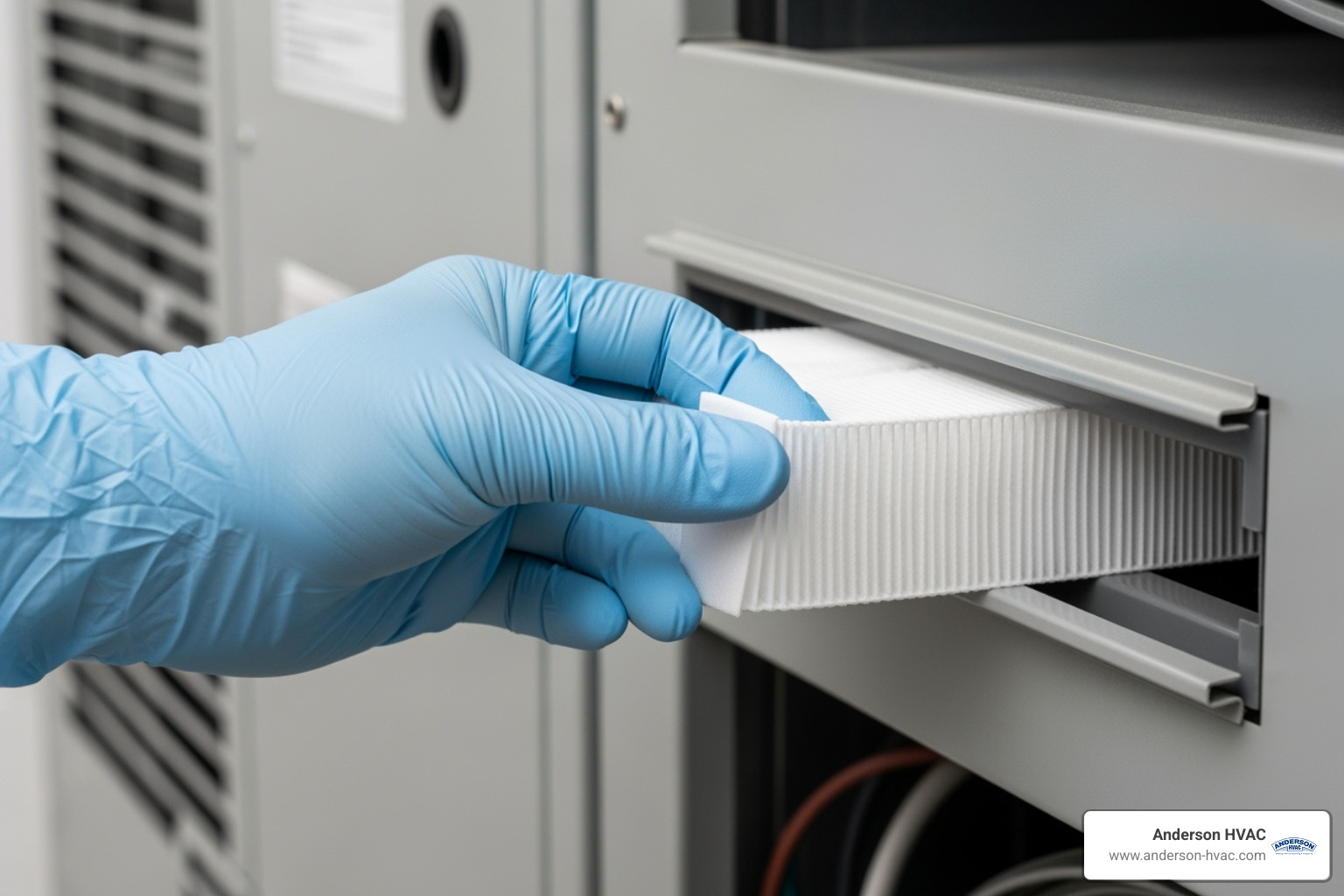 hand placing a new, clean air filter into an HVAC unit - air filtration services