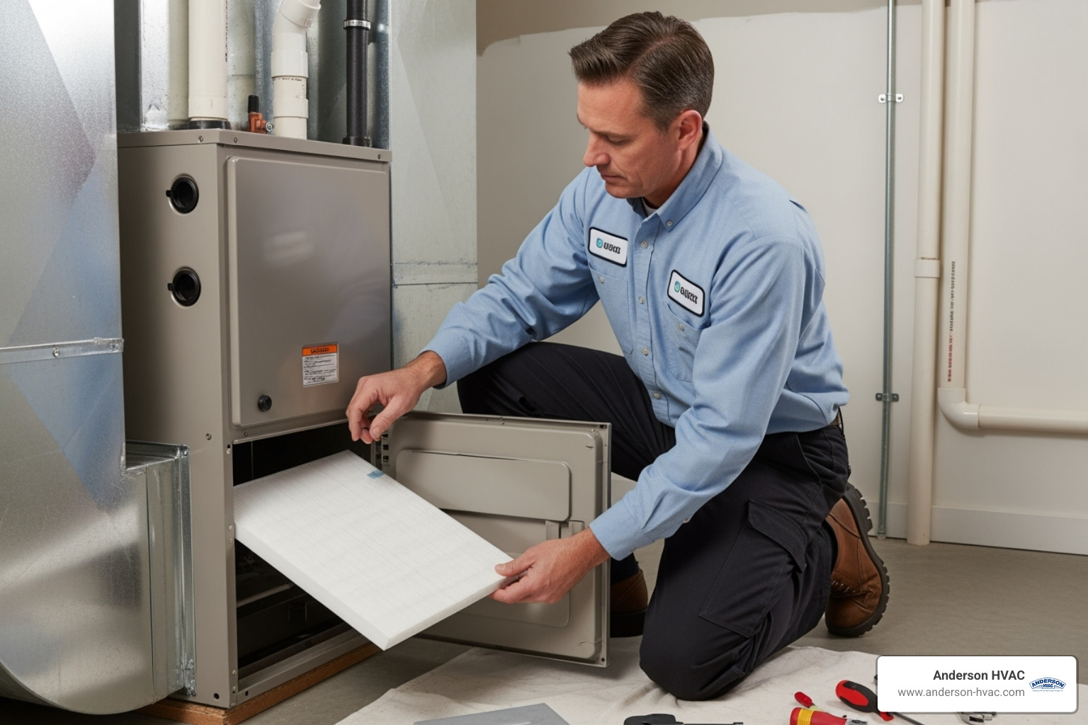 HVAC technician expertly installing a new air filter into a residential furnace - air filtration services