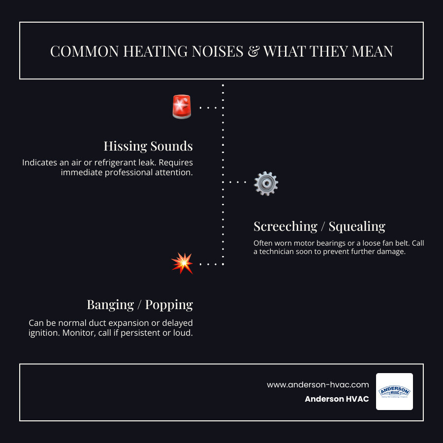 Infographic showing 7 common heating noises with illustrations of furnace components: banging ducts, rattling panels, screeching motor bearings, clicking ignition, buzzing electrical, hissing leaks, and popping burners, each labeled with causes and severity indicators - heating making noise in kaysville, ut infographic infographic-line-3-steps-dark