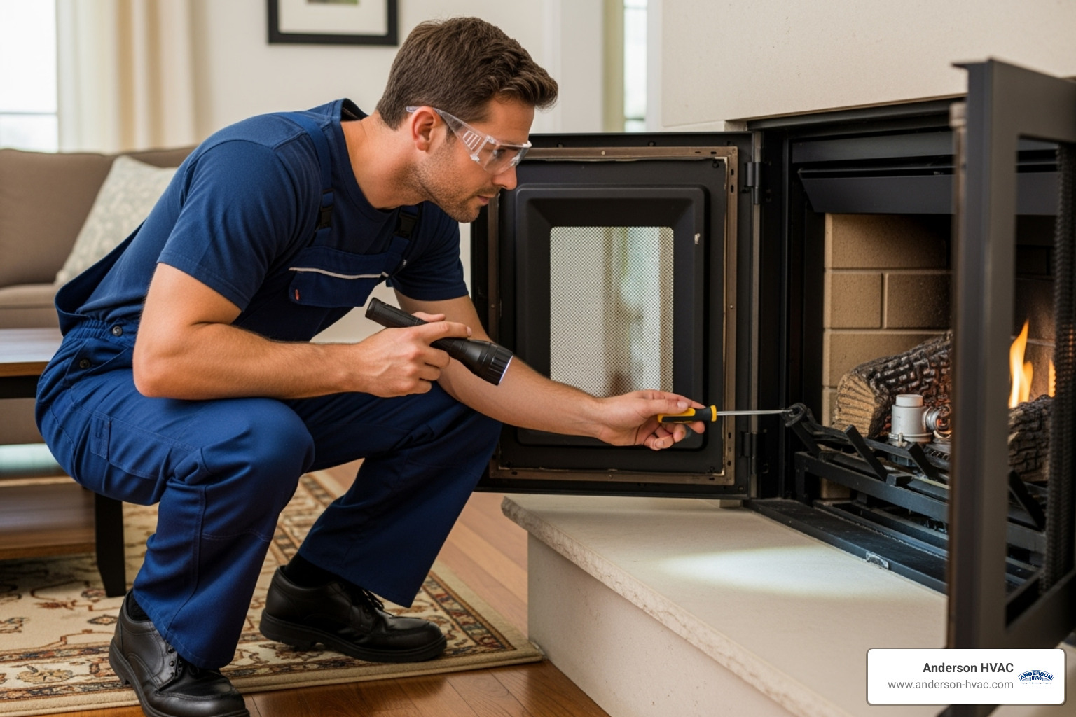 A technician performing a fireplace service - fireplaces installation in brigham city, ut A technician performing a fireplace service - fireplaces installation in brigham city, ut