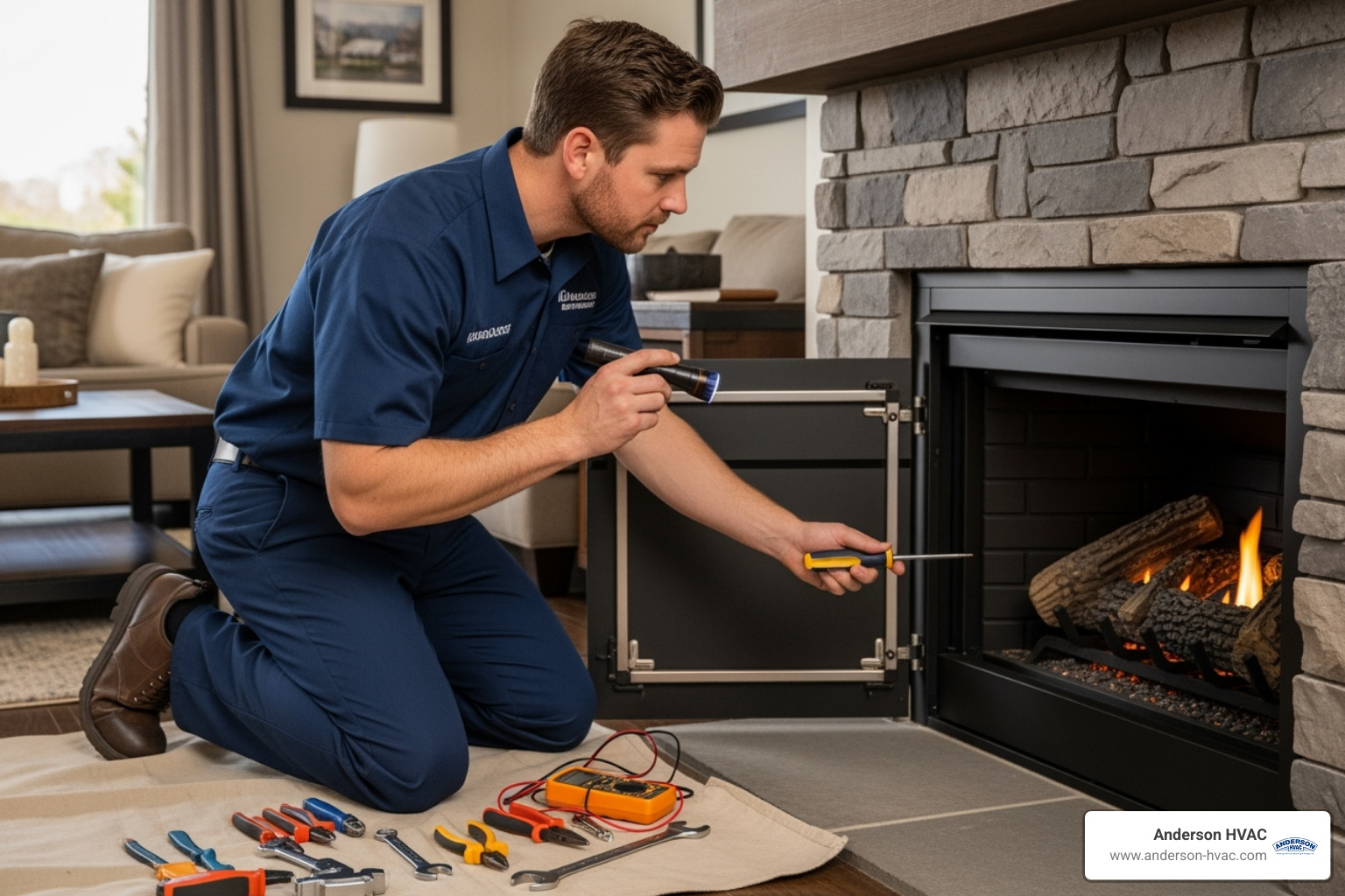 technician examining fireplace components - 24 hour fireplaces service in kaysville, ut technician examining fireplace components - 24 hour fireplaces service in kaysville, ut