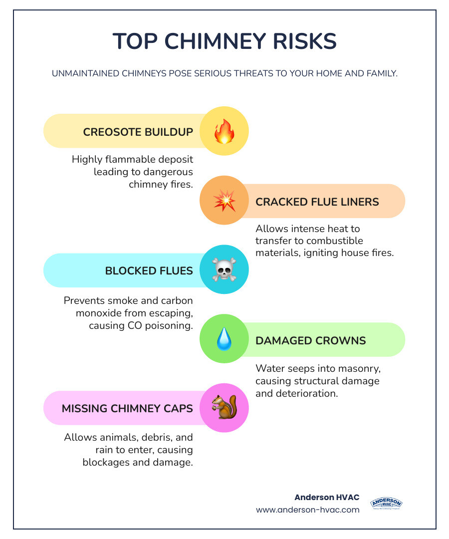 Infographic showing top chimney risks: creosote buildup leading to chimney fires, cracked flue liners allowing heat transfer to combustible materials, blocked flues causing carbon monoxide to enter the home, damaged crowns letting water seep into masonry causing structural damage, and missing chimney caps allowing animals and debris to enter - chimney company near me infographic infographic-line-5-steps-colors