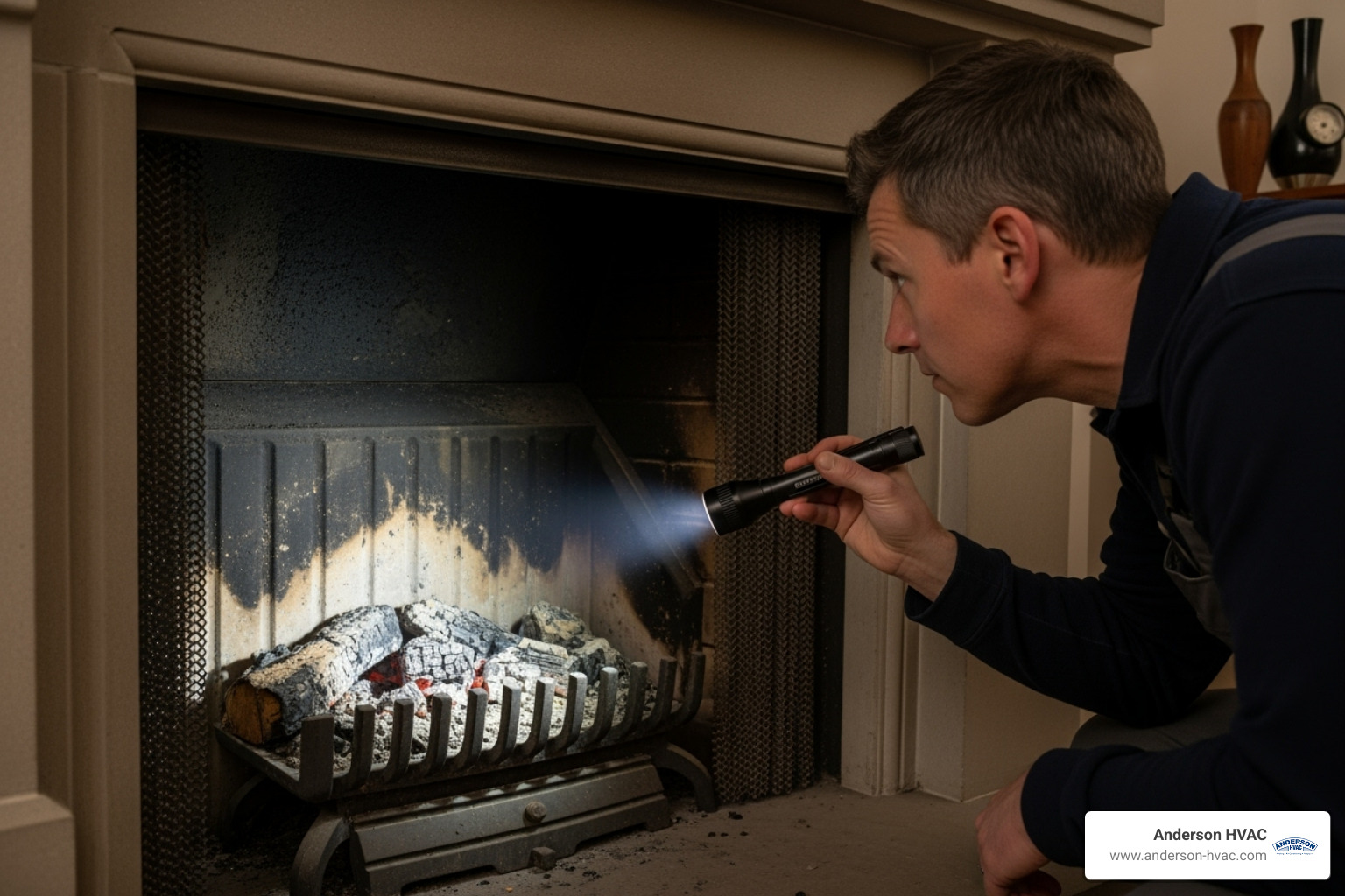 A person safely looking into a fireplace firebox with a flashlight - fireplaces making noise in huntsville, ut A person safely looking into a fireplace firebox with a flashlight - fireplaces making noise in huntsville, ut