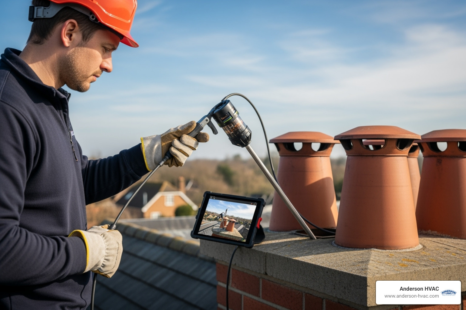 technician performing a chimney inspection with a camera - chimney company near me