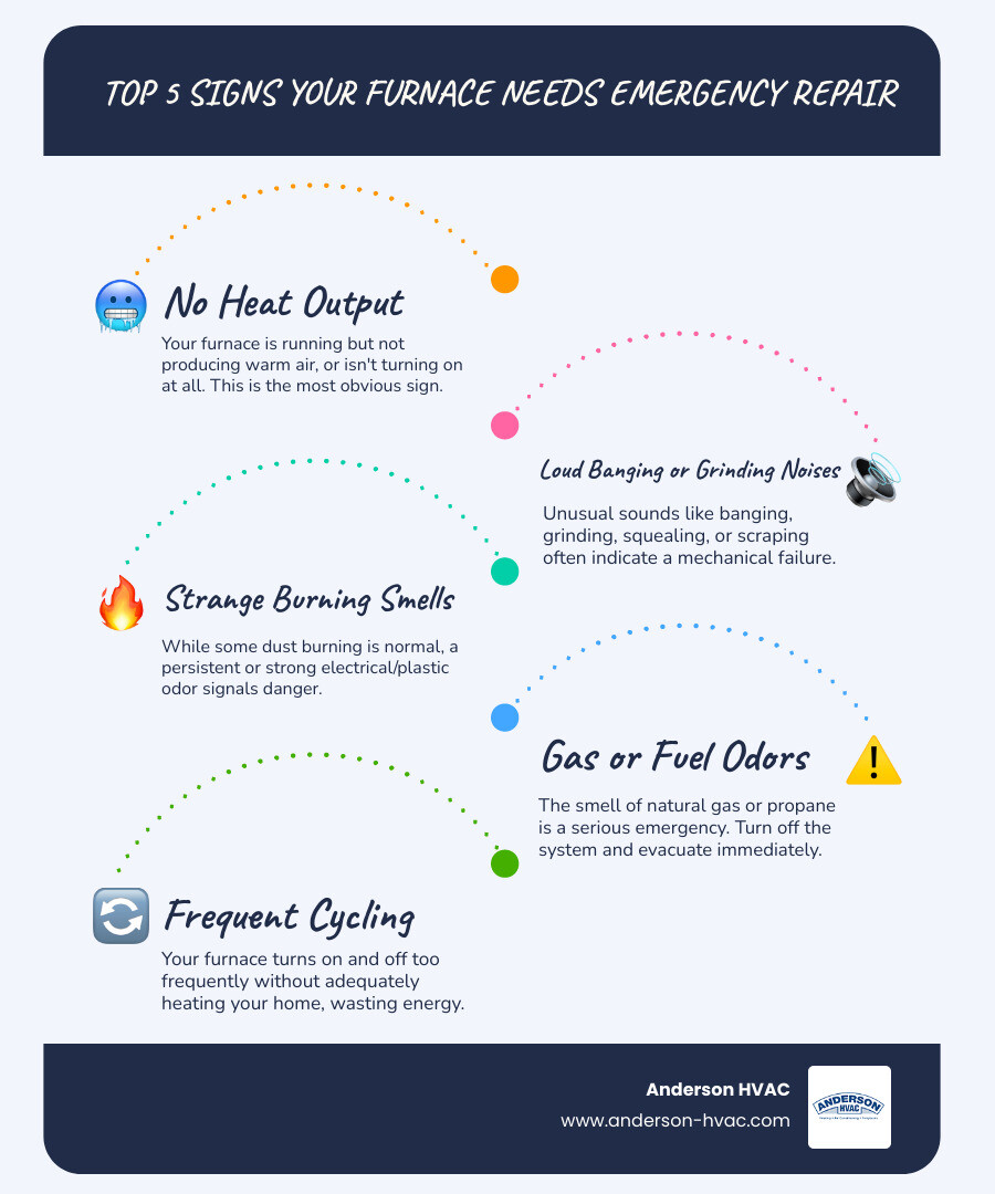 infographic showing the top 5 signs a furnace needs emergency repair including no heat output, strange noises, burning smells, gas odors, and frequent cycling - 24/7 heating repair in huntsville, ut infographic infographic-line-5-steps-blues-accent_colors