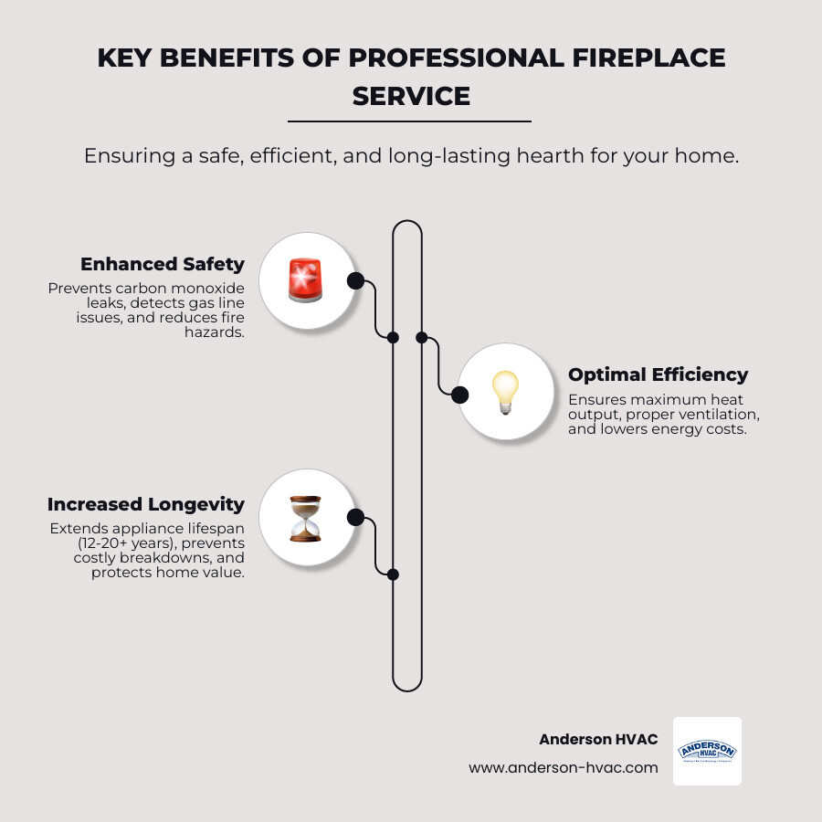 Infographic showing three pillars of professional fireplace service: Safety (carbon monoxide prevention, gas leak detection, fire hazard reduction), Efficiency (optimal heat output, proper ventilation, lower energy costs), and Longevity (12-20 year lifespan with maintenance, preventing costly breakdowns, protecting home value) - fireplace experts near me infographic infographic-line-3-steps-elegant_beige