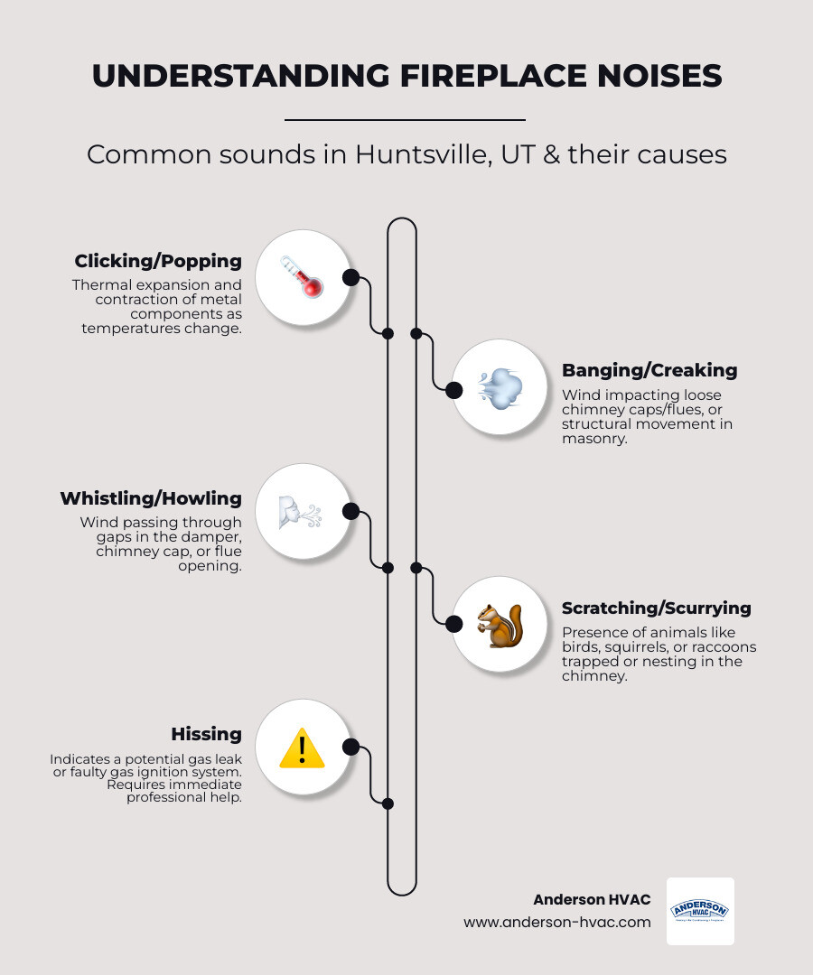Infographic showing six types of fireplace noises with icons: clicking sounds with a thermometer icon for temperature changes, banging sounds with a wind icon, whistling sounds with air flow arrows, scratching sounds with animal silhouettes, hissing sounds with a gas valve icon, and creaking sounds with a cracked brick icon, each paired with its primary cause and urgency level - fireplaces making noise in huntsville, ut infographic infographic-line-5-steps-elegant_beige Infographic showing six types of fireplace noises with icons: clicking sounds with a thermometer icon for temperature changes, banging sounds with a wind icon, whistling sounds with air flow arrows, scratching sounds with animal silhouettes, hissing sounds with a gas valve icon, and creaking sounds with a cracked brick icon, each paired with its primary cause and urgency level - fireplaces making noise in huntsville, ut infographic infographic-line-5-steps-elegant_beige