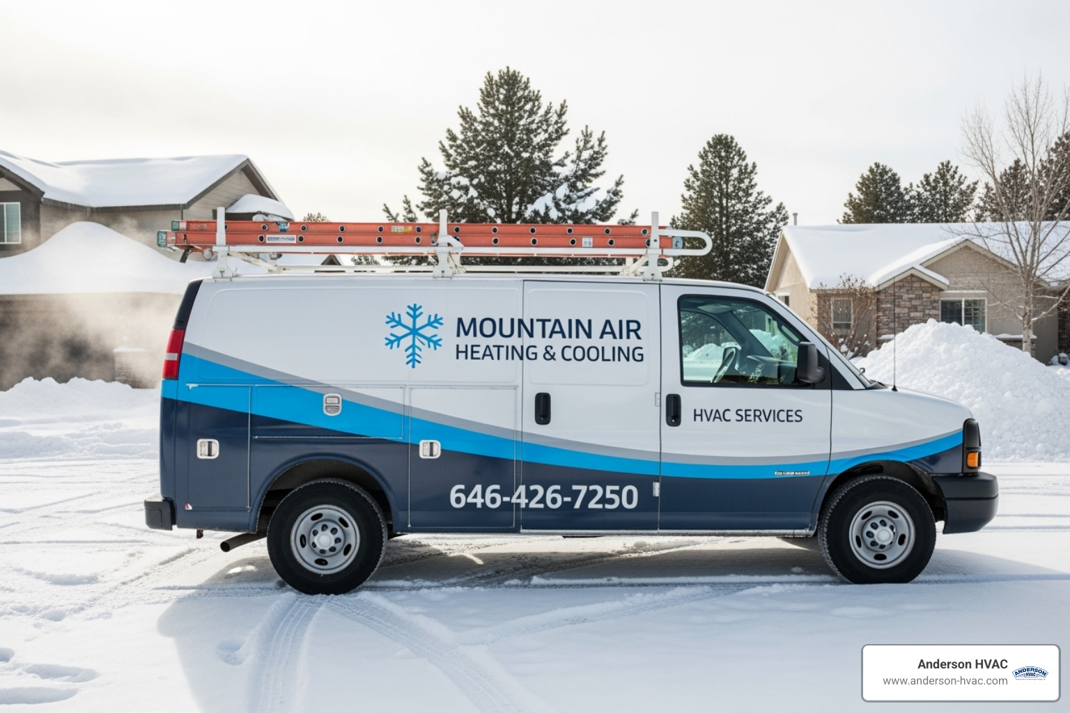 a friendly HVAC technician's van in a snowy Huntsville neighborhood - 24/7 heating repair in huntsville, ut