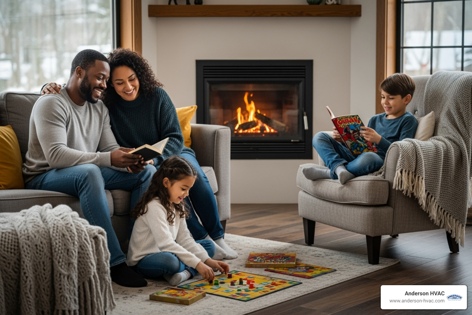 A family enjoying a warm and cozy home - fireplace experts near me