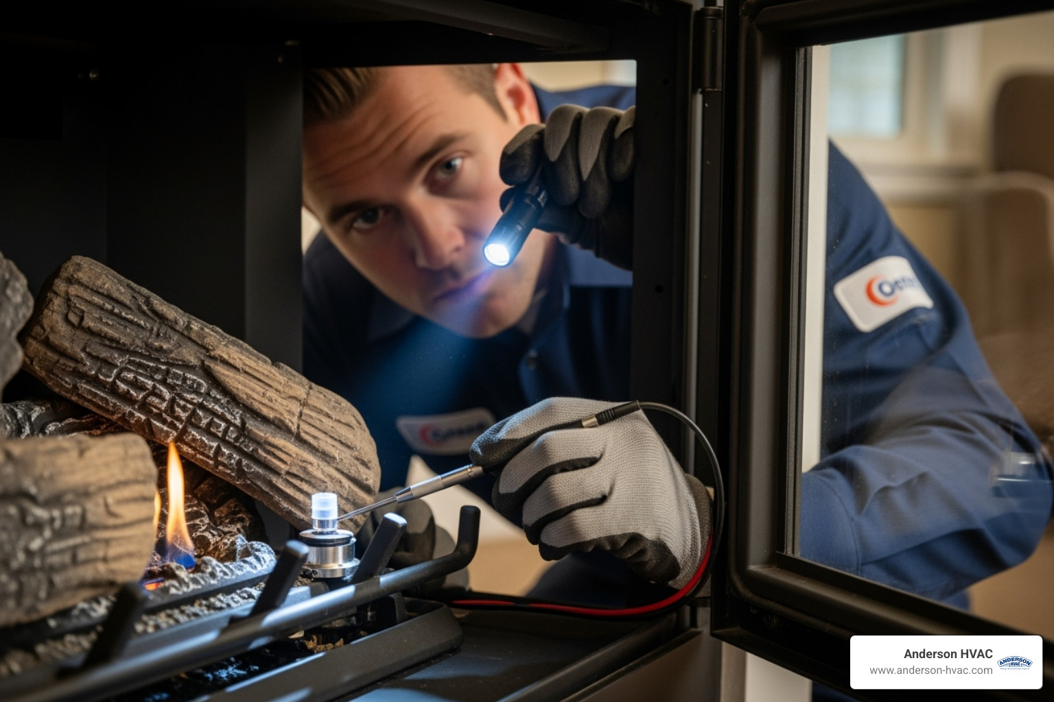 A technician inspecting a fireplace component - fireplace experts near me