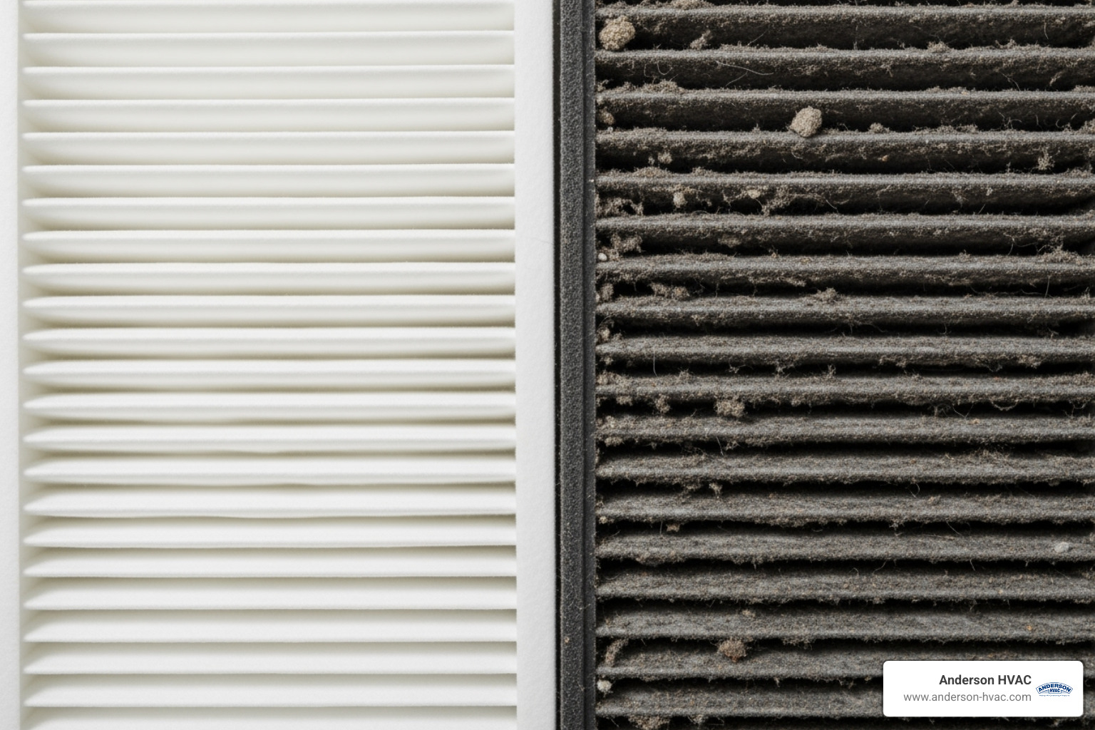 A comparison image showing a clean, white furnace filter next to a heavily soiled, dark, and clogged furnace filter, highlighting the difference in appearance and potential for restricted airflow. - heater blowing cold