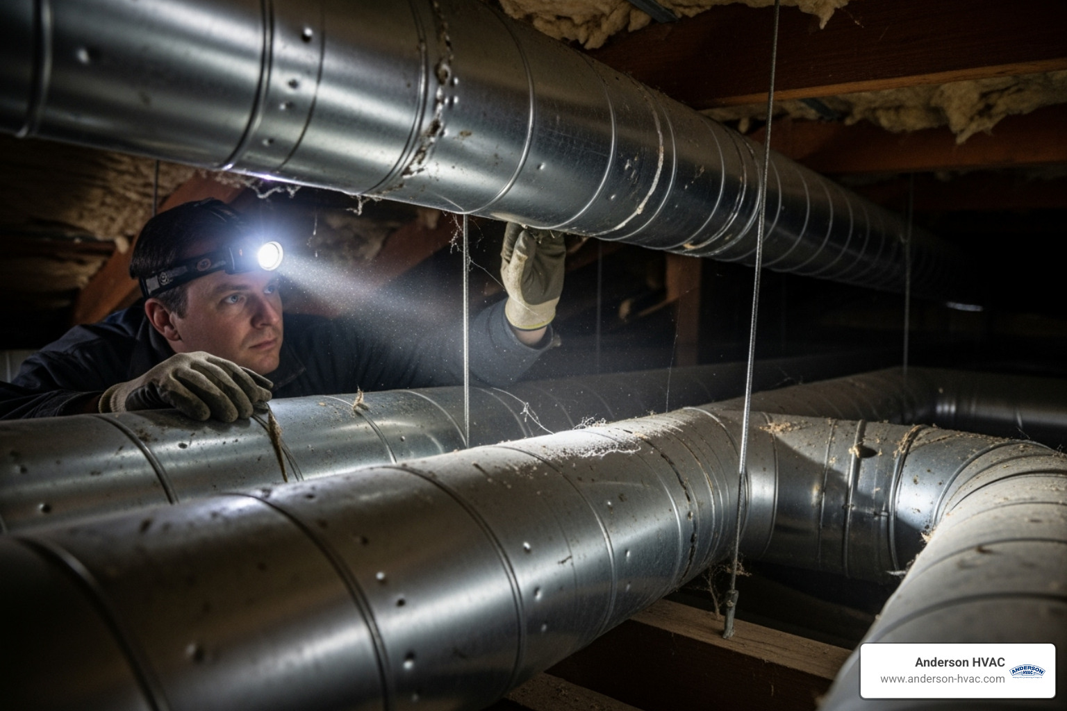 A technician wearing a headlamp inspecting ductwork in a dimly lit attic space, looking for leaks or damage. - heater blowing cold