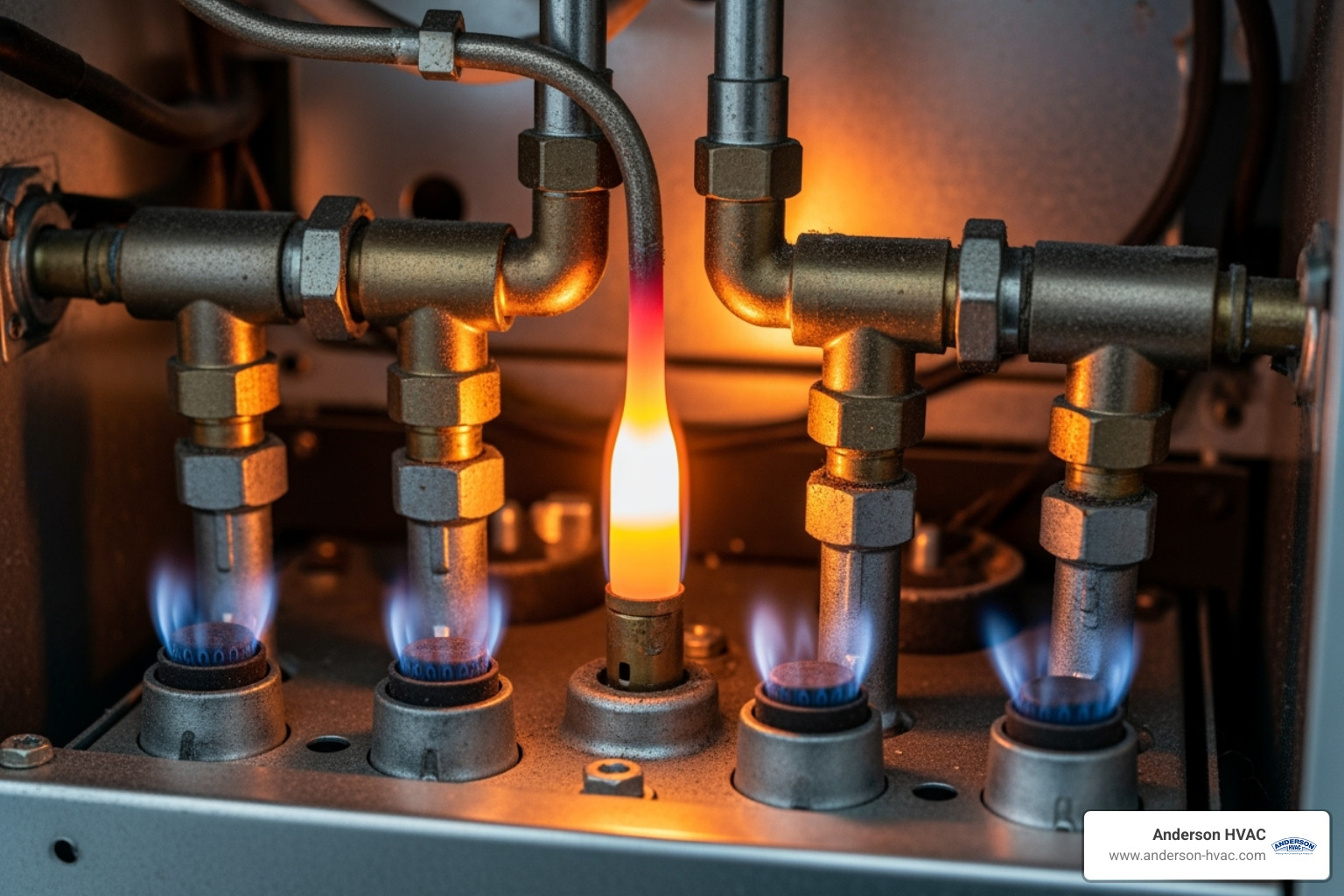 A close-up image of a furnace's internal components, specifically highlighting the pilot light or a hot surface igniter, surrounded by gas lines and burners. - heater blowing cold