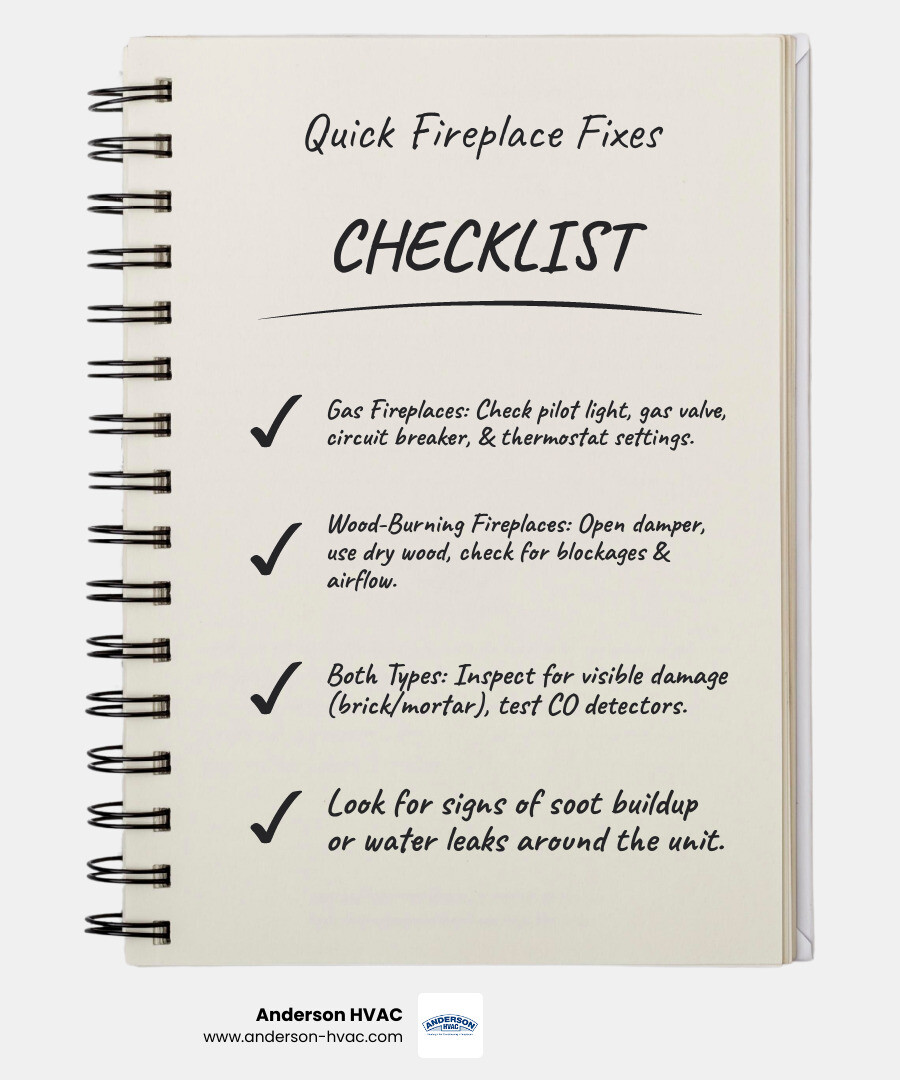 infographic showing labeled diagram of gas and wood fireplace components including damper pilot light thermocouple gas valve flue chimney firebox and blower with common failure points highlighted - fireplaces not heating in north ogden, ut infographic checklist-notebook