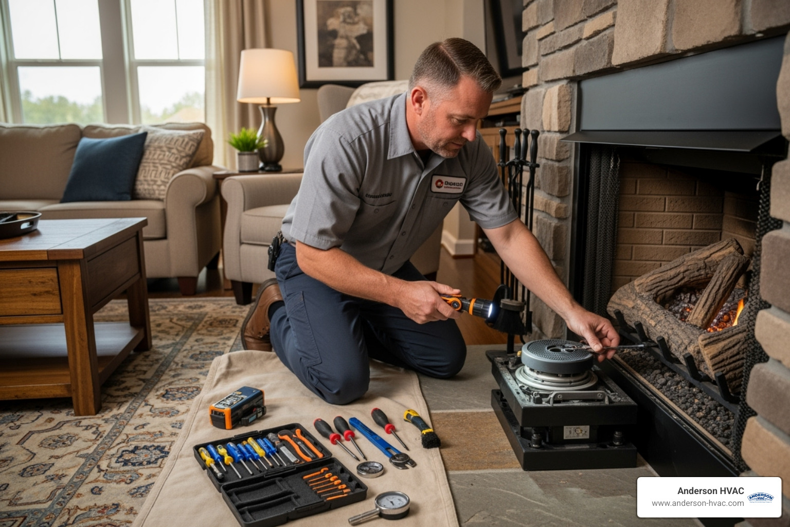 professional HVAC technician servicing a fireplace - fireplaces not heating in north ogden, ut