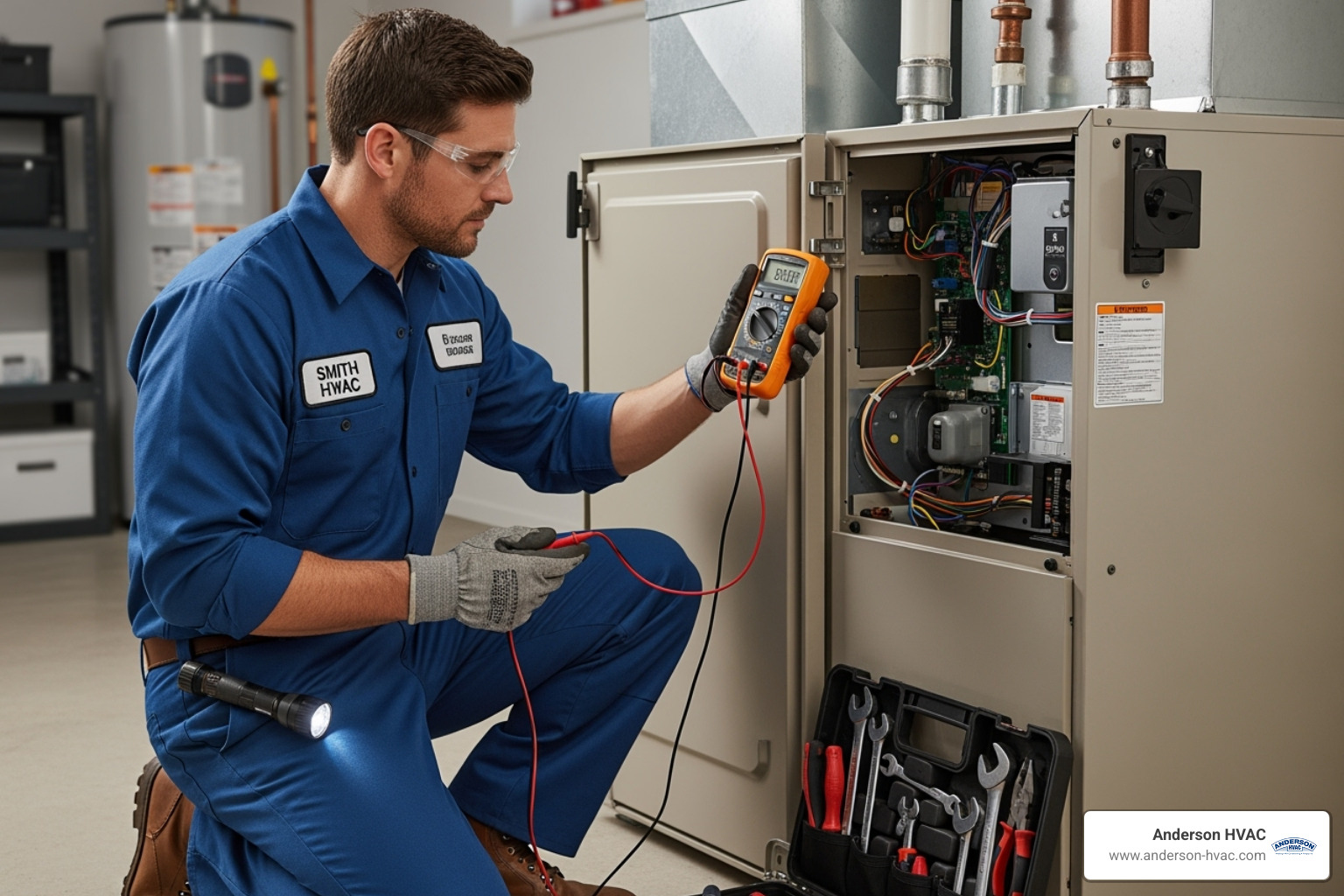 An HVAC technician inspecting a furnace - heating making noise in ogden, ut An HVAC technician inspecting a furnace - heating making noise in ogden, ut