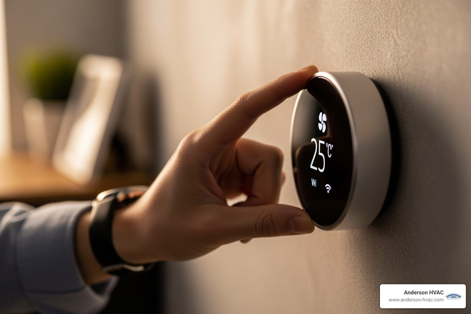homeowner adjusting a smart thermostat - best heating company in clearfield, ut