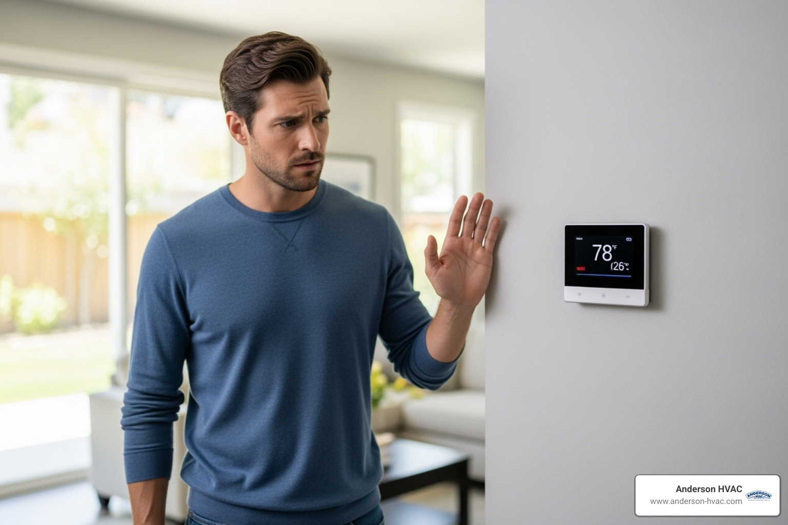 homeowner looking concerned at their thermostat - certified heating technician in brigham city, ut homeowner looking concerned at their thermostat - certified heating technician in brigham city, ut