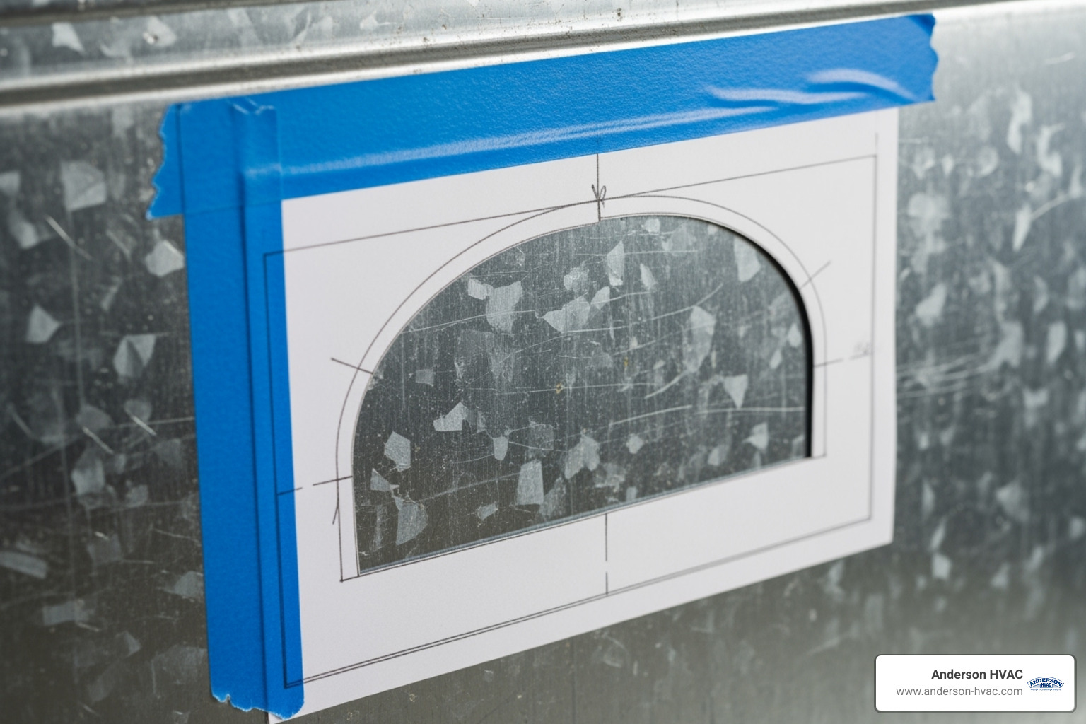 Template taped to ductwork for cutting - drum humidifier installation Template taped to ductwork for cutting - drum humidifier installation