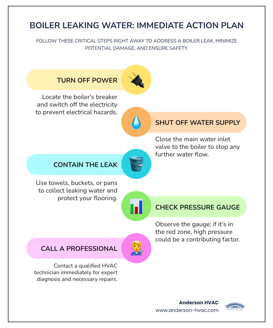 Diagram showing the main components of a residential boiler system including the heat exchanger, pressure relief valve, expansion vessel, pump, pressure gauge, drain valve, and pipe connections, with labels indicating common leak points - boiler leaking water infographic infographic-line-5-steps-colors