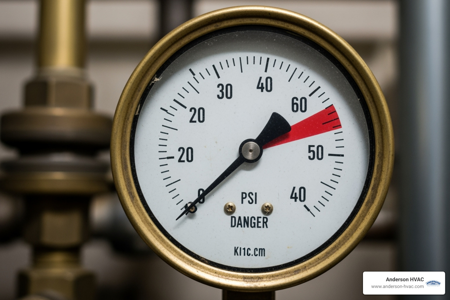 Close-up on a boiler's pressure gauge with the needle in the red zone, indicating high pressure - boiler leaking water