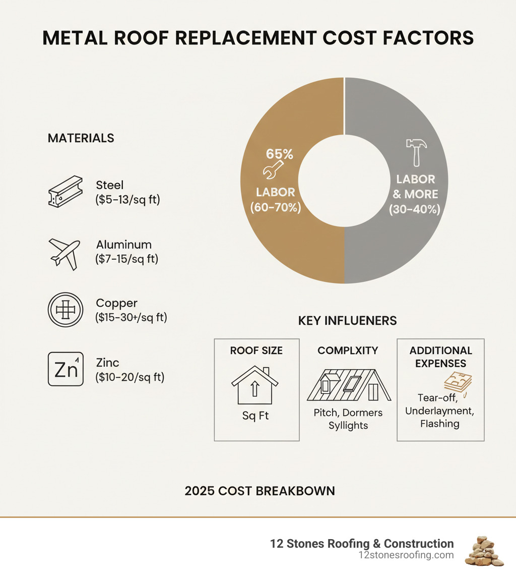 Detailed breakdown of metal roof replacement cost factors including materials (steel, aluminum, copper, zinc), labor percentage (60-70% of total), roof size impact, complexity factors (pitch, dormers, skylights), and additional expenses like tear-off, underlayment, and flashing - metal roof replacement cost infographic Detailed breakdown of metal roof replacement cost factors including materials (steel, aluminum, copper, zinc), labor percentage (60-70% of total), roof size impact, complexity factors (pitch, dormers, skylights), and additional expenses like tear-off, underlayment, and flashing - metal roof replacement cost infographic