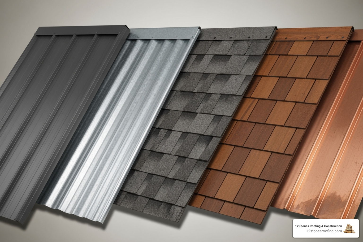 Examples of different metal roofing materials including standing seam, corrugated, metal shingles, and copper - metal roof replacement cost Examples of different metal roofing materials including standing seam, corrugated, metal shingles, and copper - metal roof replacement cost