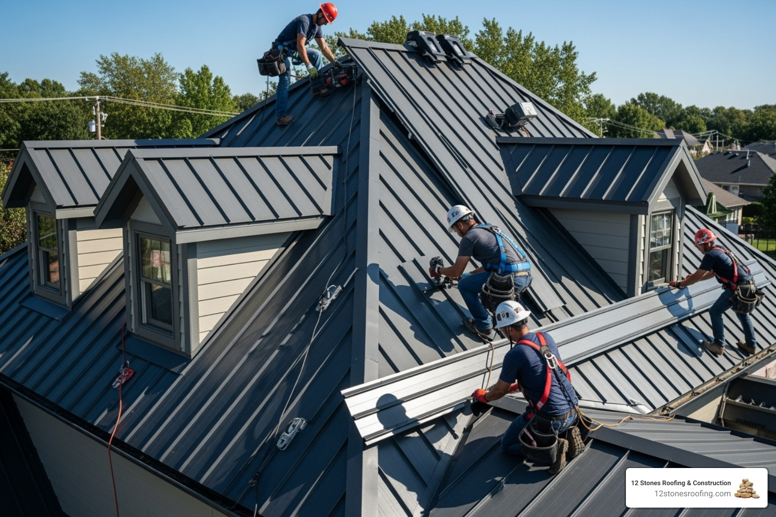 Roofers installing metal panels on a complex roof with multiple dormers and a steep pitch - metal roof replacement cost Roofers installing metal panels on a complex roof with multiple dormers and a steep pitch - metal roof replacement cost