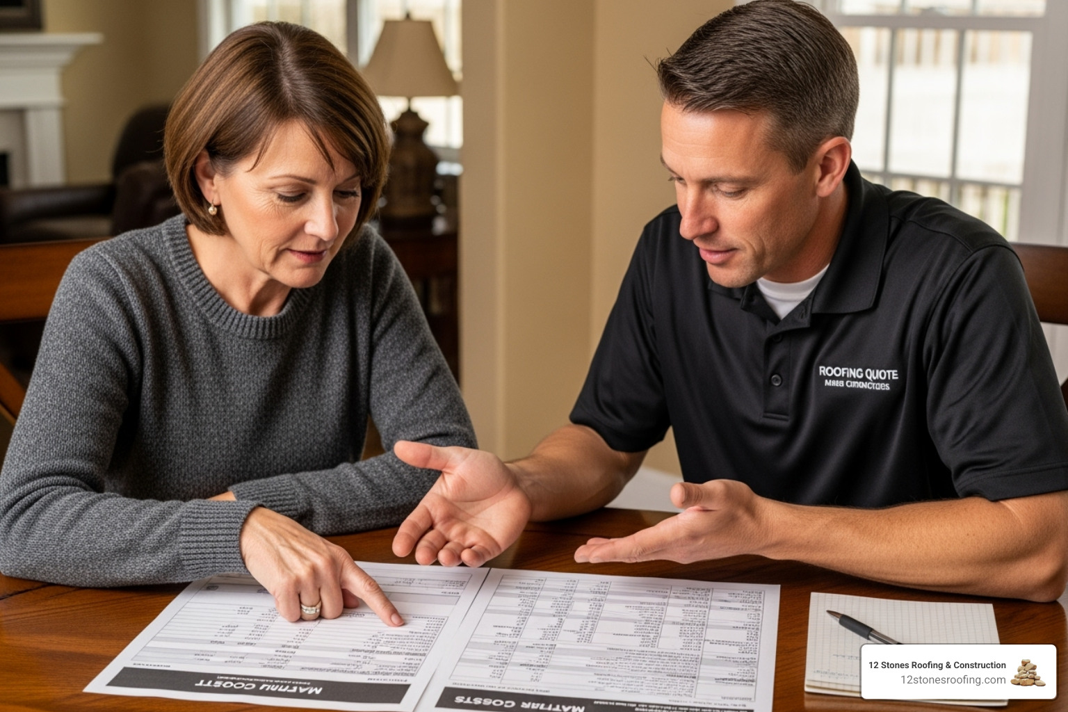 A homeowner reviewing a detailed roofing quote with a contractor, highlighting transparency and itemized costs - metal roof replacement cost A homeowner reviewing a detailed roofing quote with a contractor, highlighting transparency and itemized costs - metal roof replacement cost