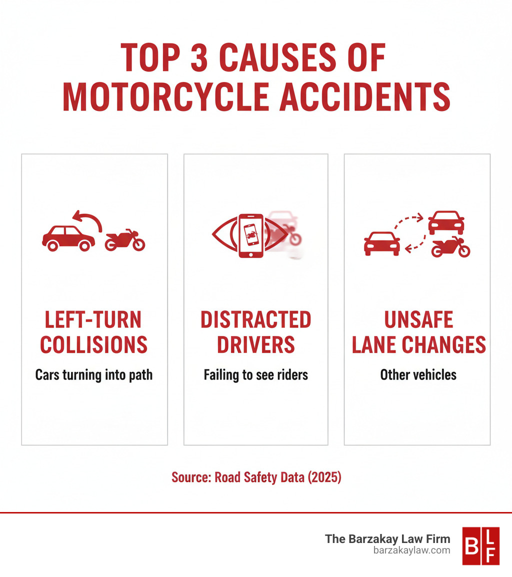 infographic showing the top 3 causes of motorcycle accidents: left-turn collisions where cars turn in front of motorcycles, distracted drivers failing to see riders, and unsafe lane changes by other vehicles - personal injury motorcycle infographic 