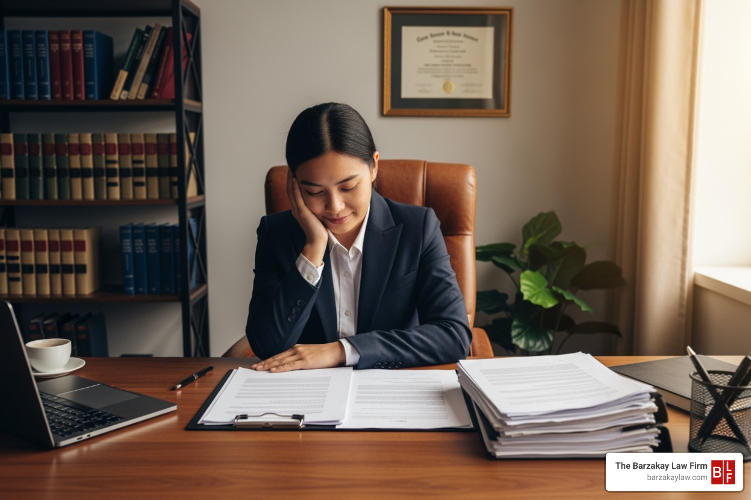 person looking relieved while reviewing documents in a law office setting - personal injury motorcycle