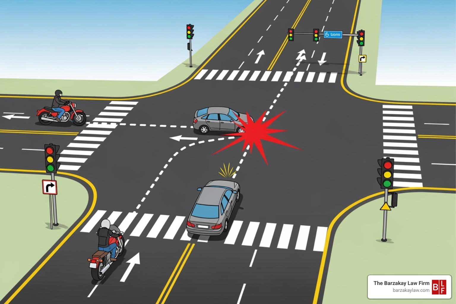 diagram showing a common left-turn accident scenario involving a car and a motorcycle - personal injury motorcycle