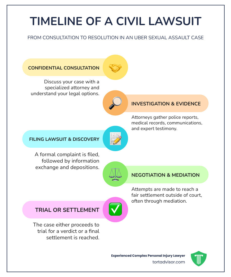 infographic showing the timeline of a civil lawsuit - uber sexual assault attorney infographic infographic-line-5-steps-colors