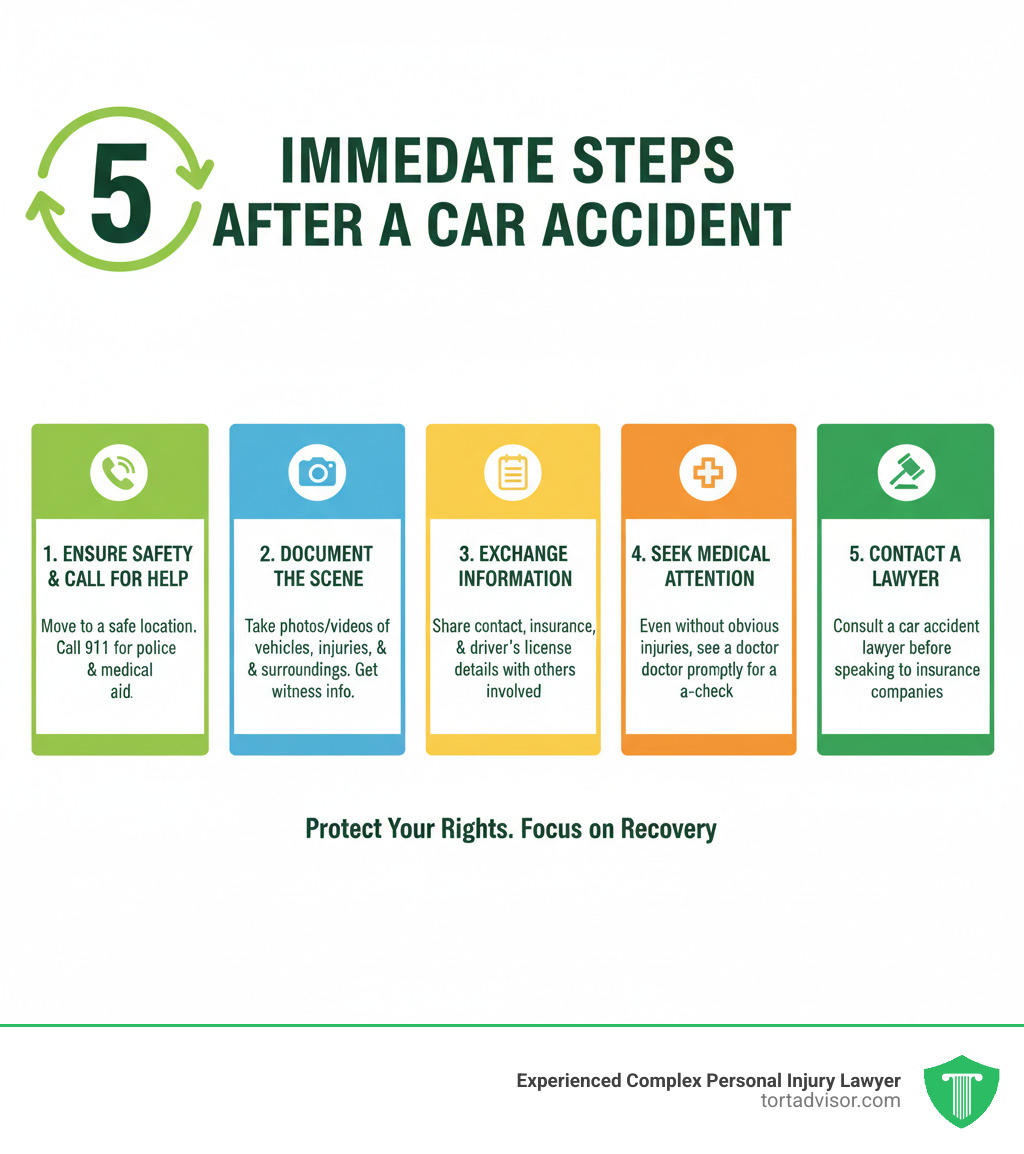 infographic explaining the 5 immediate steps to take after a car accident - car accident lawyers infographic 