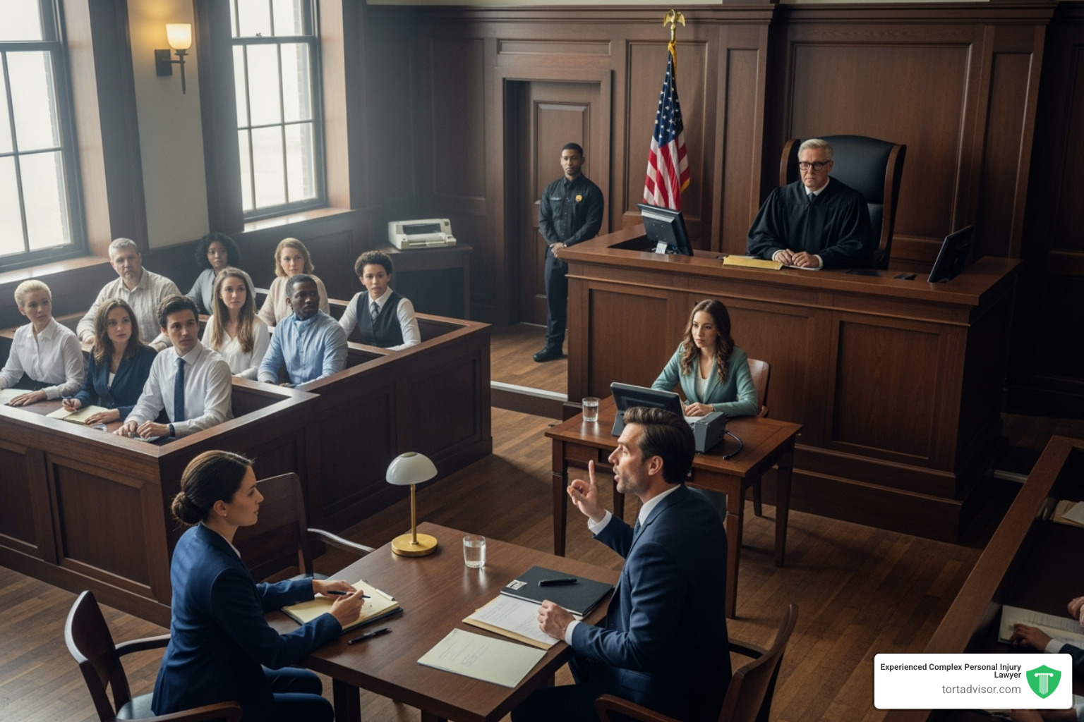courtroom with judge jury and attorneys - how does a lawsuit work for a car accident