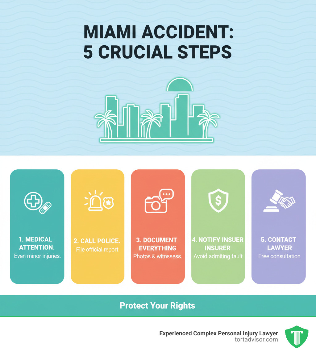 Infographic showing 5 crucial steps after a Miami accident: 1. Seek immediate medical attention even for minor injuries, 2. Call police and file an official accident report, 3. Document everything with photos and witness contact information, 4. Notify your insurance company but avoid admitting fault, 5. Contact a Miami personal injury lawyer for a free consultation before accepting any settlement offers - personal injury lawyer Miami infographic 