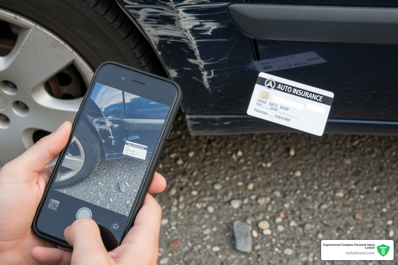 person using smartphone to photograph car damage and insurance card - how does a lawsuit work for a car accident