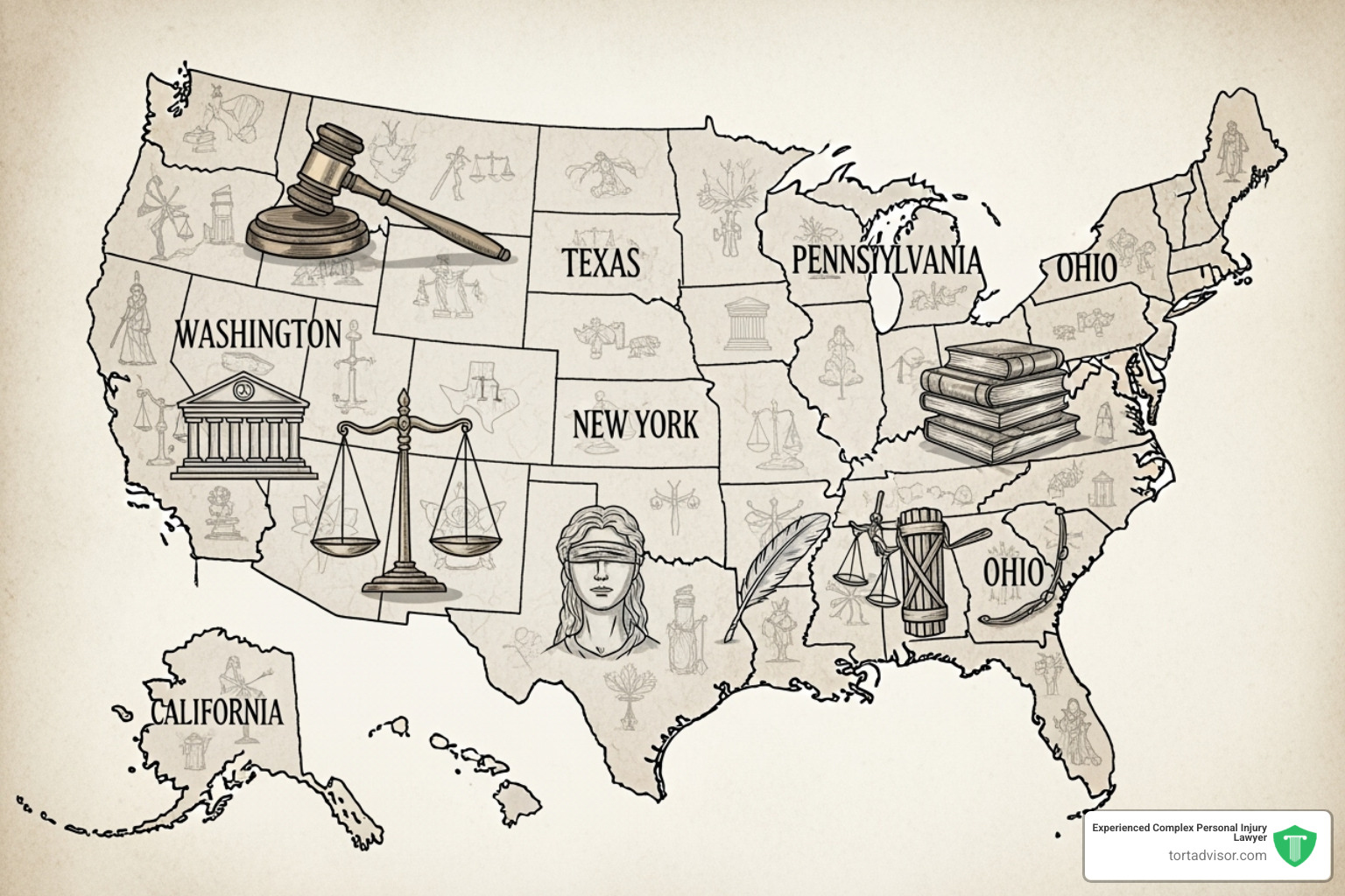 map of the United States with different legal symbols over various states - how does a lawsuit work for a car accident